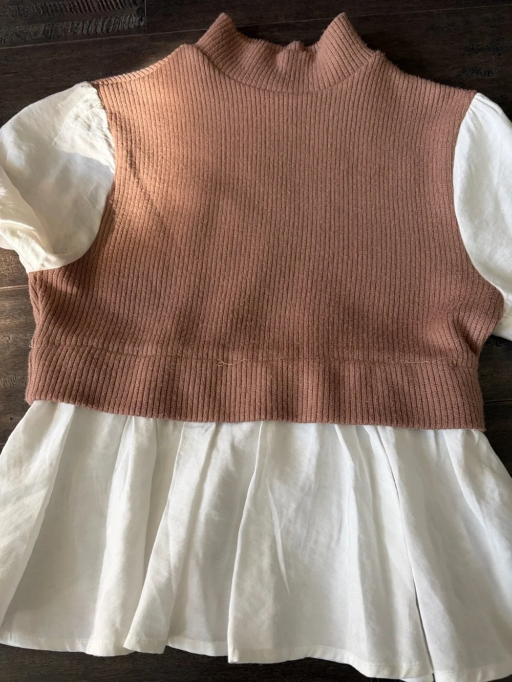 Women’s Beige Knit Peplum Top with White Puff-Sleeve Blouse